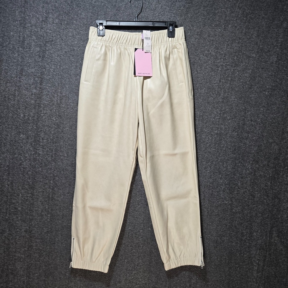 Avec Les Filles Faux Leather Jogger Pants Womens Small Petite Ivory Ankle Zip